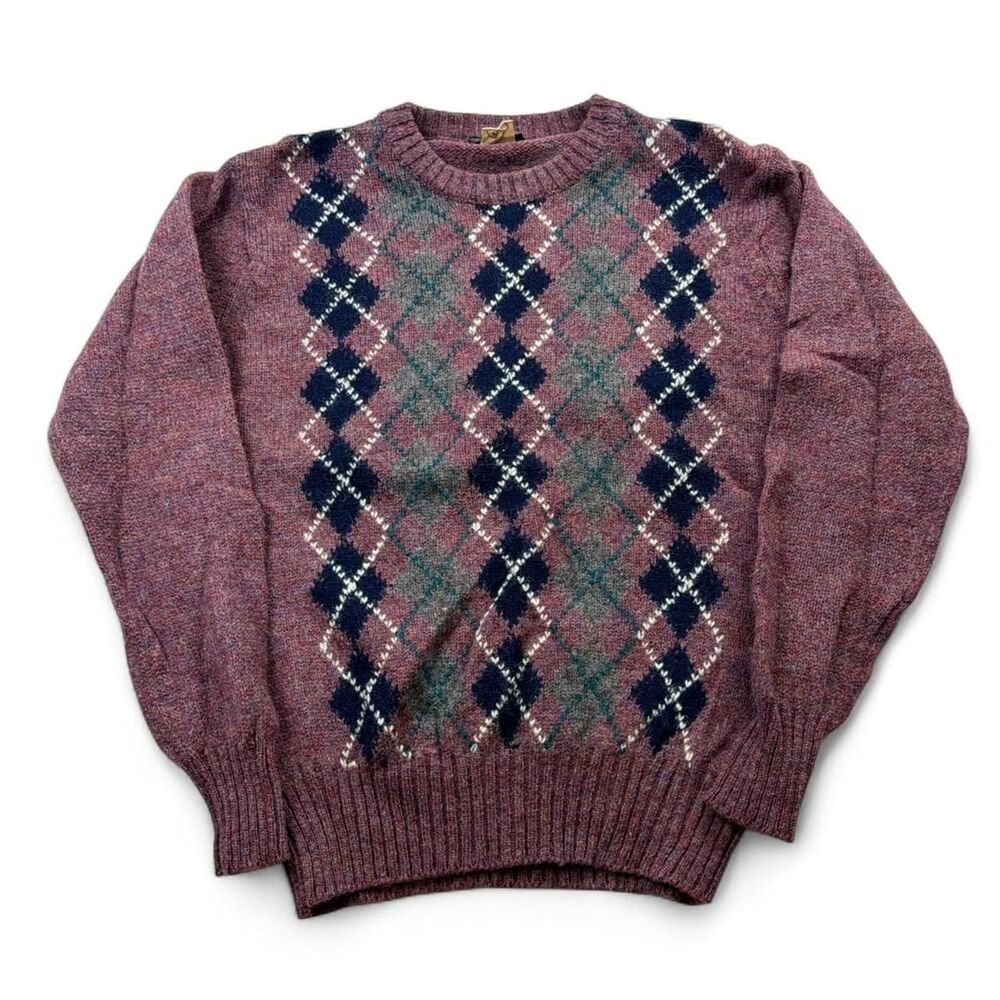 Vintage Preswick & Moore Irish Argyle Burgundy Knit Crewneck Sweater Sz M
